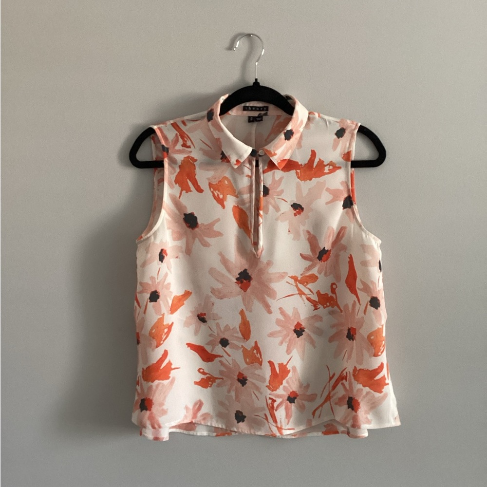 Theory Kenzly Floral Silk Sleeveless Blouse, Size M